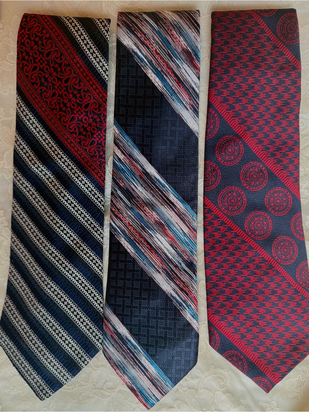Vintage 1960s/1970s Neckties Silk & Poly Set 3 Wide Retro Red Navy Blue White